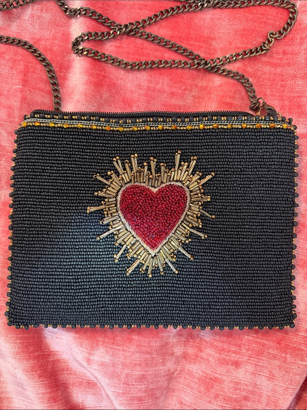Mary Frances Black Beaded Clutch with Red Heart and Gold Rays